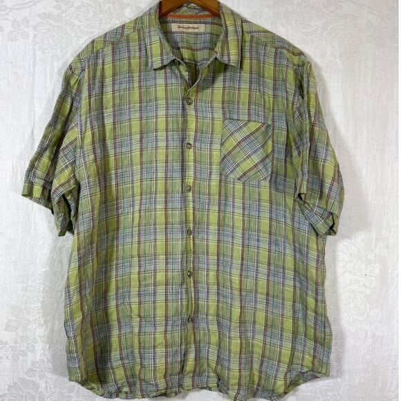 Tommy Bahama Other - Tommy Bahama Button Up XL Green Plaid 100% Linen Short Sleeve